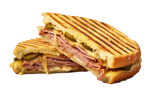 Grilled Cuban sandwich, sliced in half