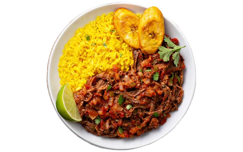 House-made ropa vieja with yellow rice and plantains